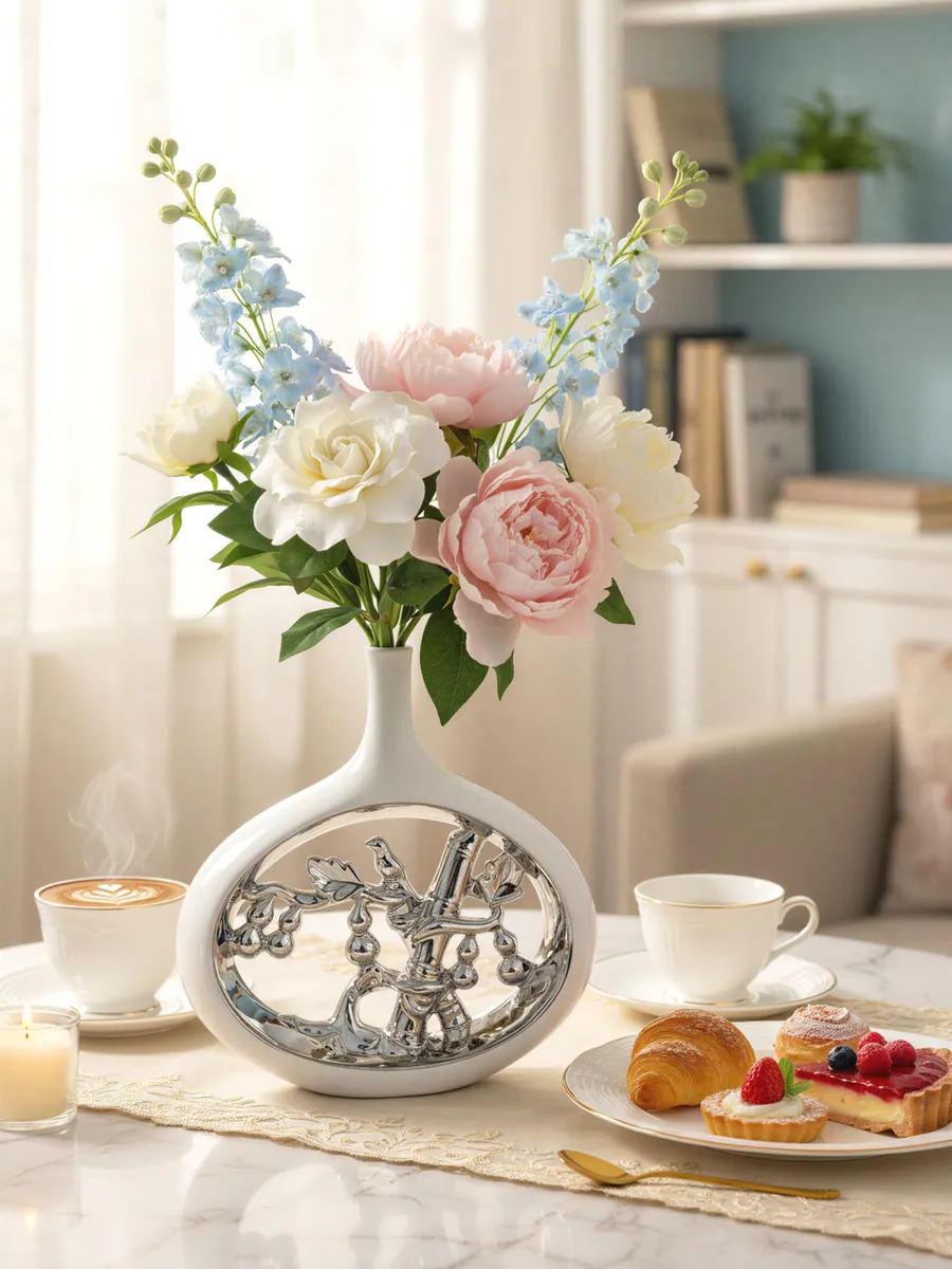 Ваза керамическая для цветов белая серебро 29 см — изображение 2