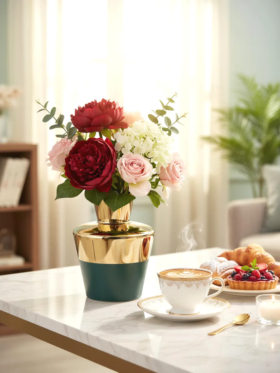 Ваза керамическая для цветов золотая зелёная 20см — изображение 2