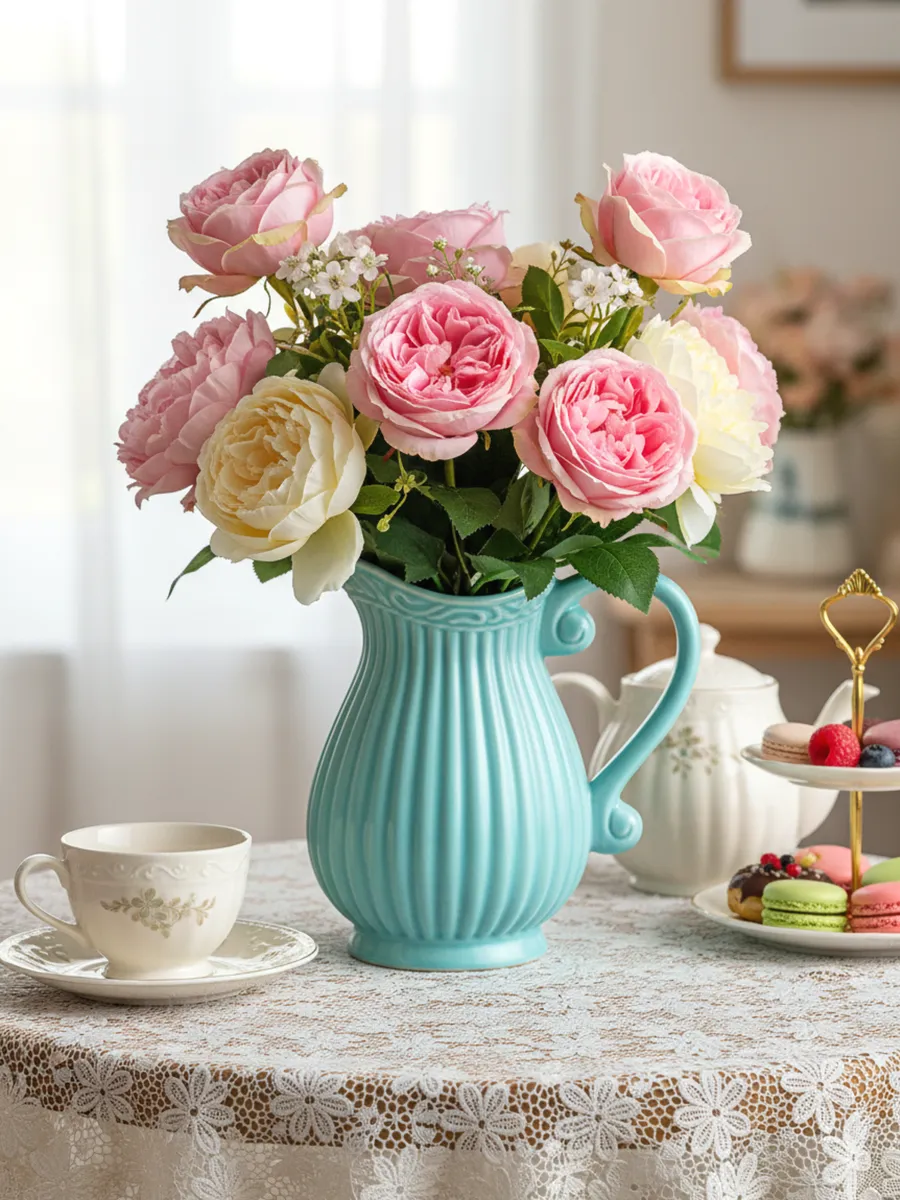 Ваза керамическая для цветов мятная с ручкой 20 см — изображение 2