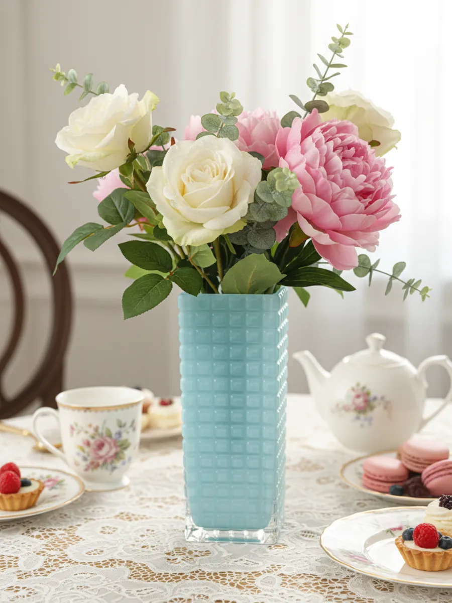 Ваза стеклянная высокая для цветов голубая 30 см — изображение 2