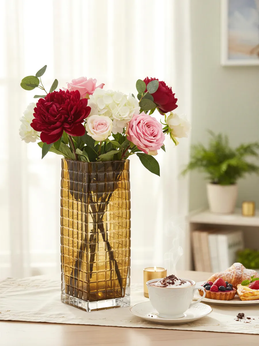 Ваза стеклянная для цветов высокая янтарная 30 см — изображение 2