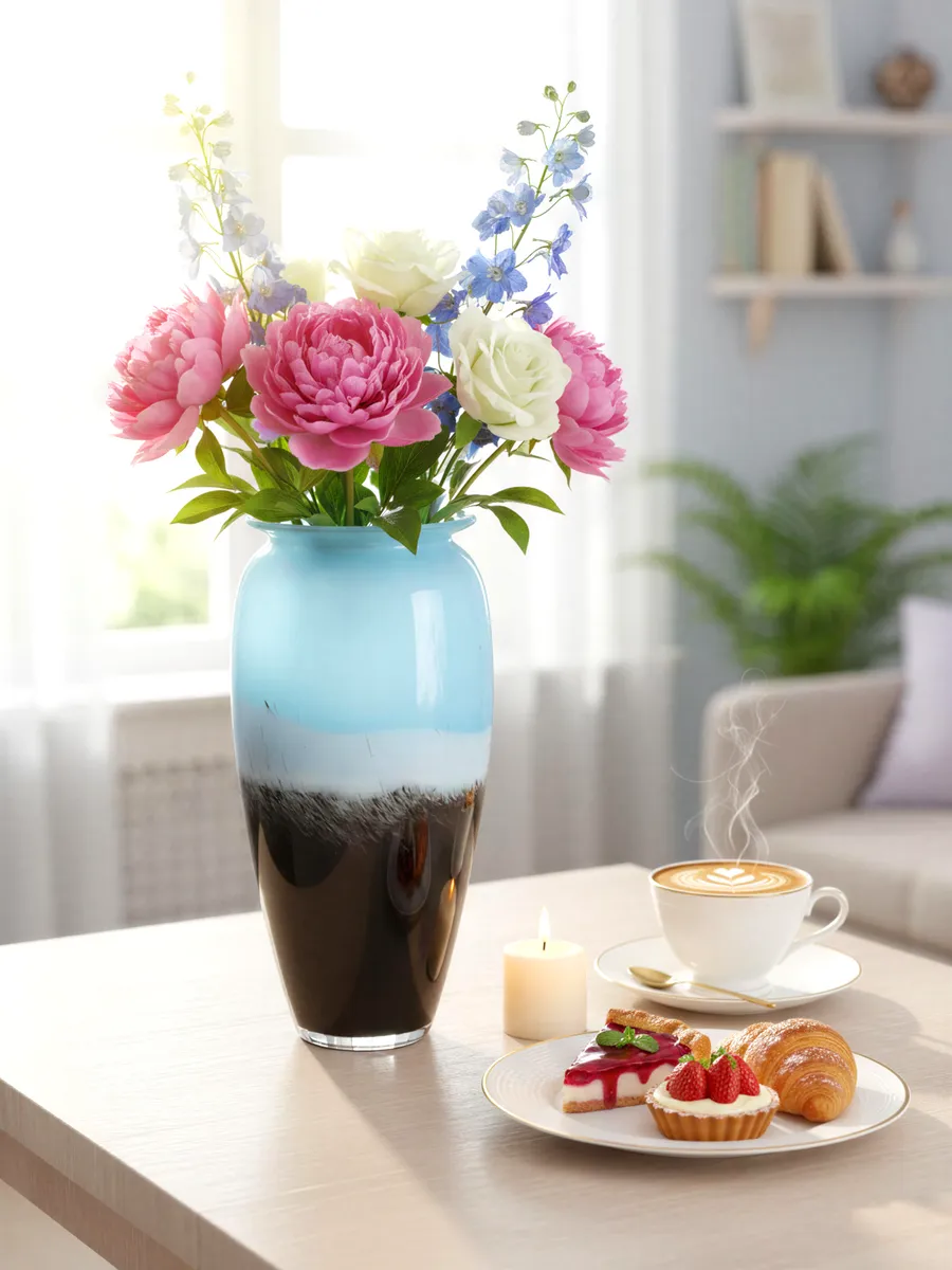 Ваза стеклянная интерьерная для цветов голубая 31см — изображение 2