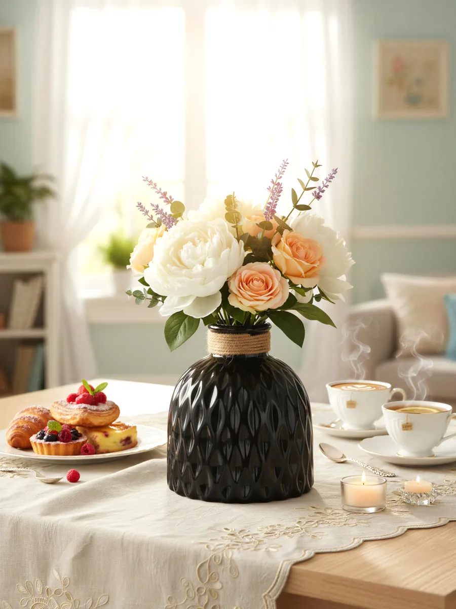 Керамическая чёрная ваза для цветов с рельефом 15,5 см — изображение 2