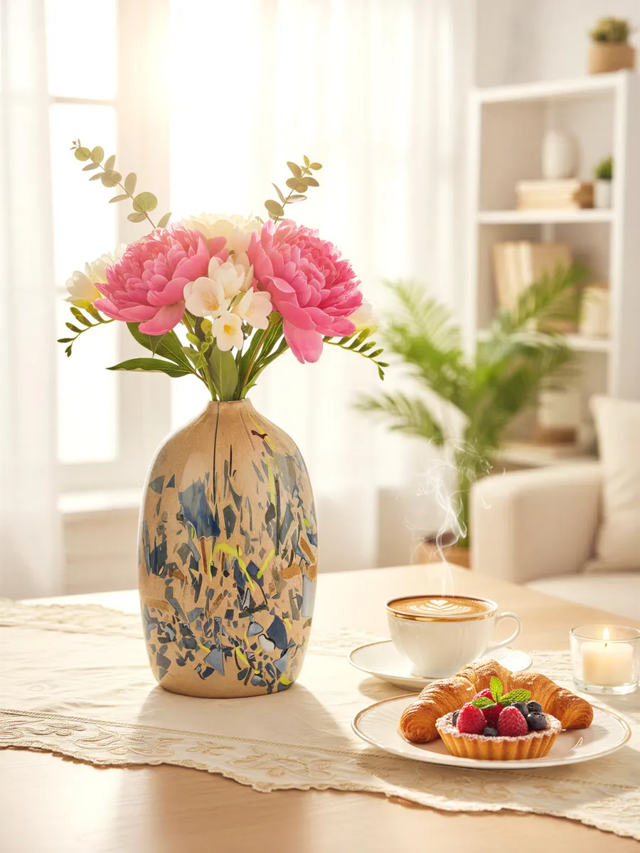 Ваза стеклянная интерьерная для цветов бежевая 30,5 см — изображение 2