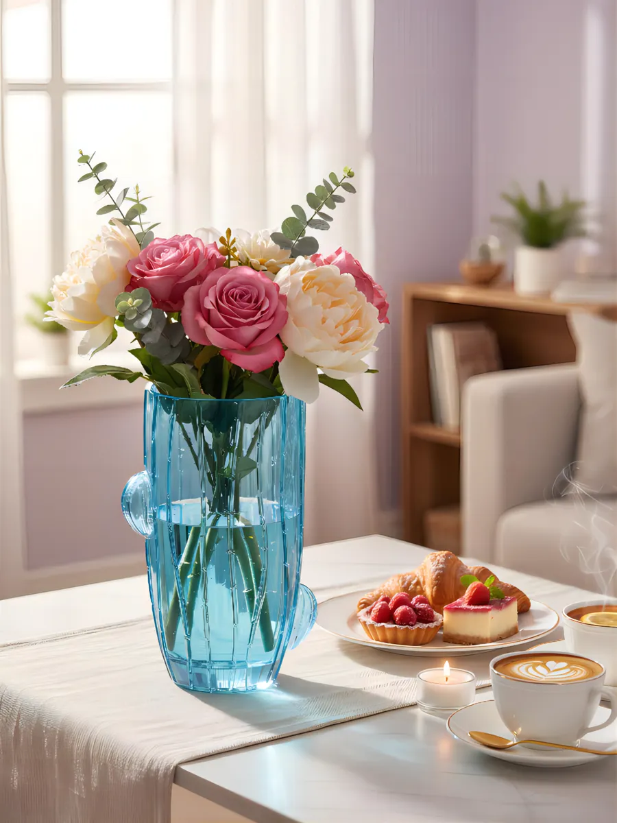 Ваза стеклянная голубая для цветов интерьерная 25 см — изображение 2