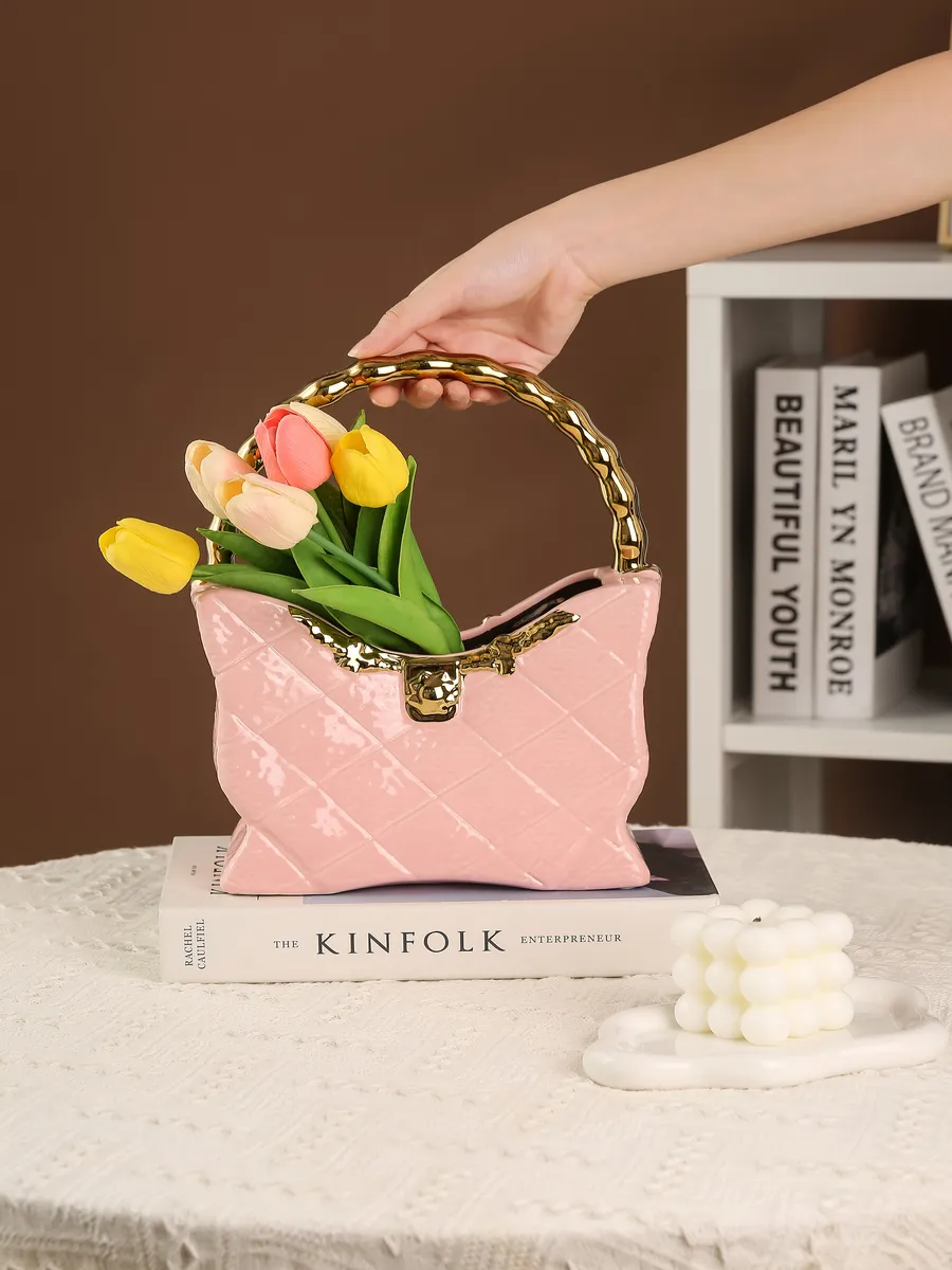 Ваза керамическая для цветов сумочка розовая 28 см — изображение 3