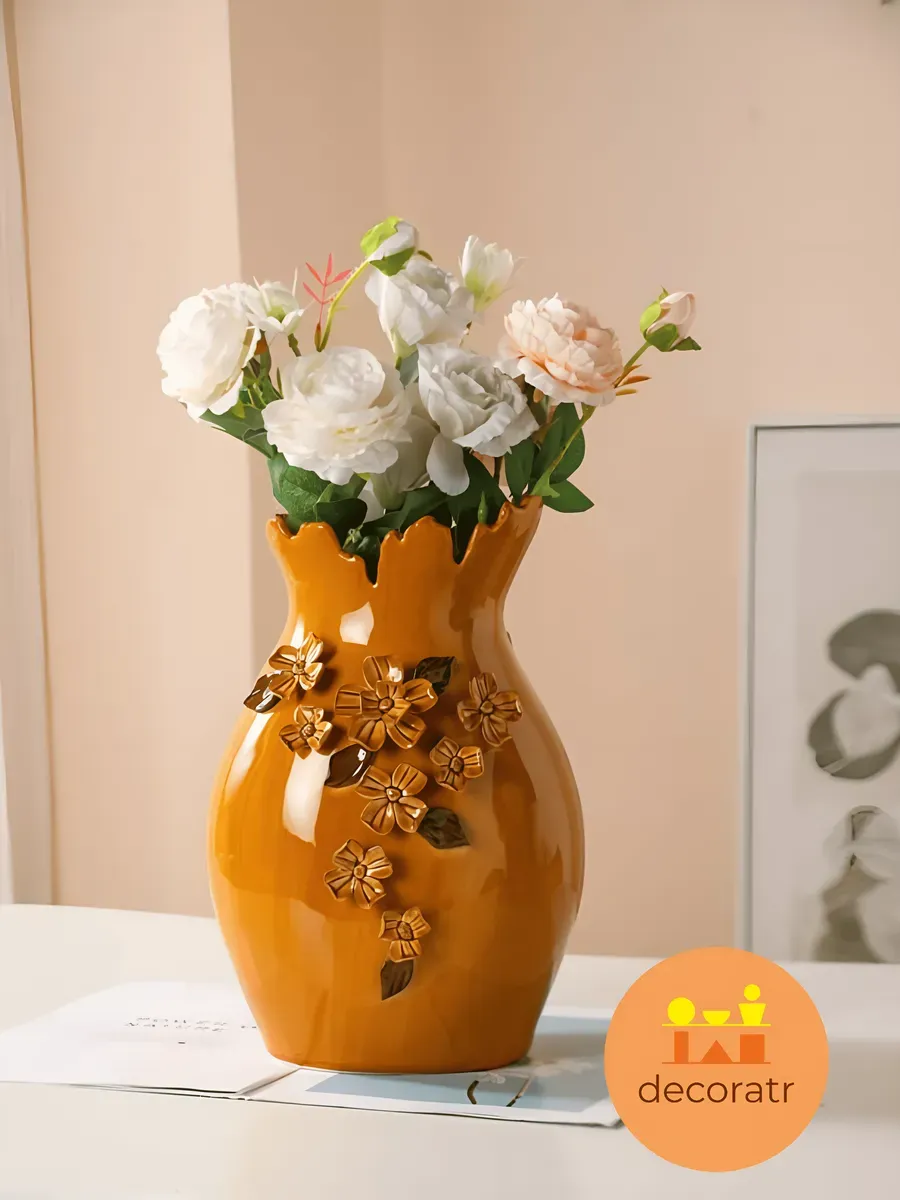 Ваза керамическая для цветов с декором оранжевая 32см — изображение 3