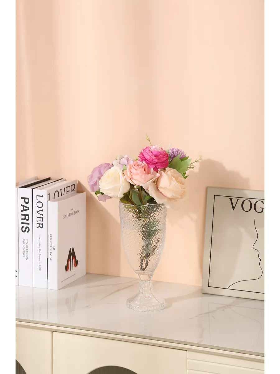 Ваза стеклянная для цветов рельефная прозрачная 28 см — изображение 3