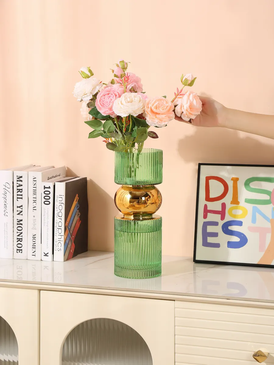 Ваза стеклянная для цветов зеленая золотая 35 см — изображение 3