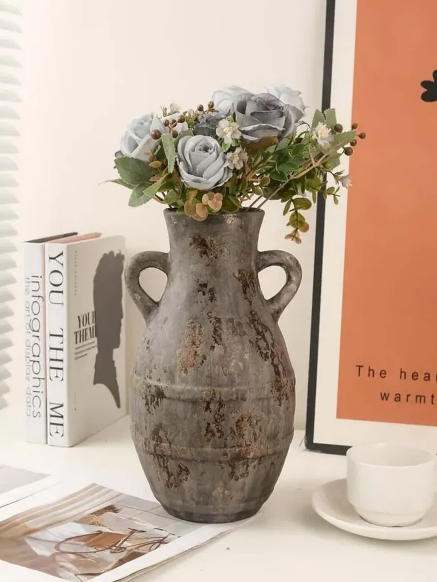 Ваза керамическая для цветов винтажная серая 28см — изображение 3