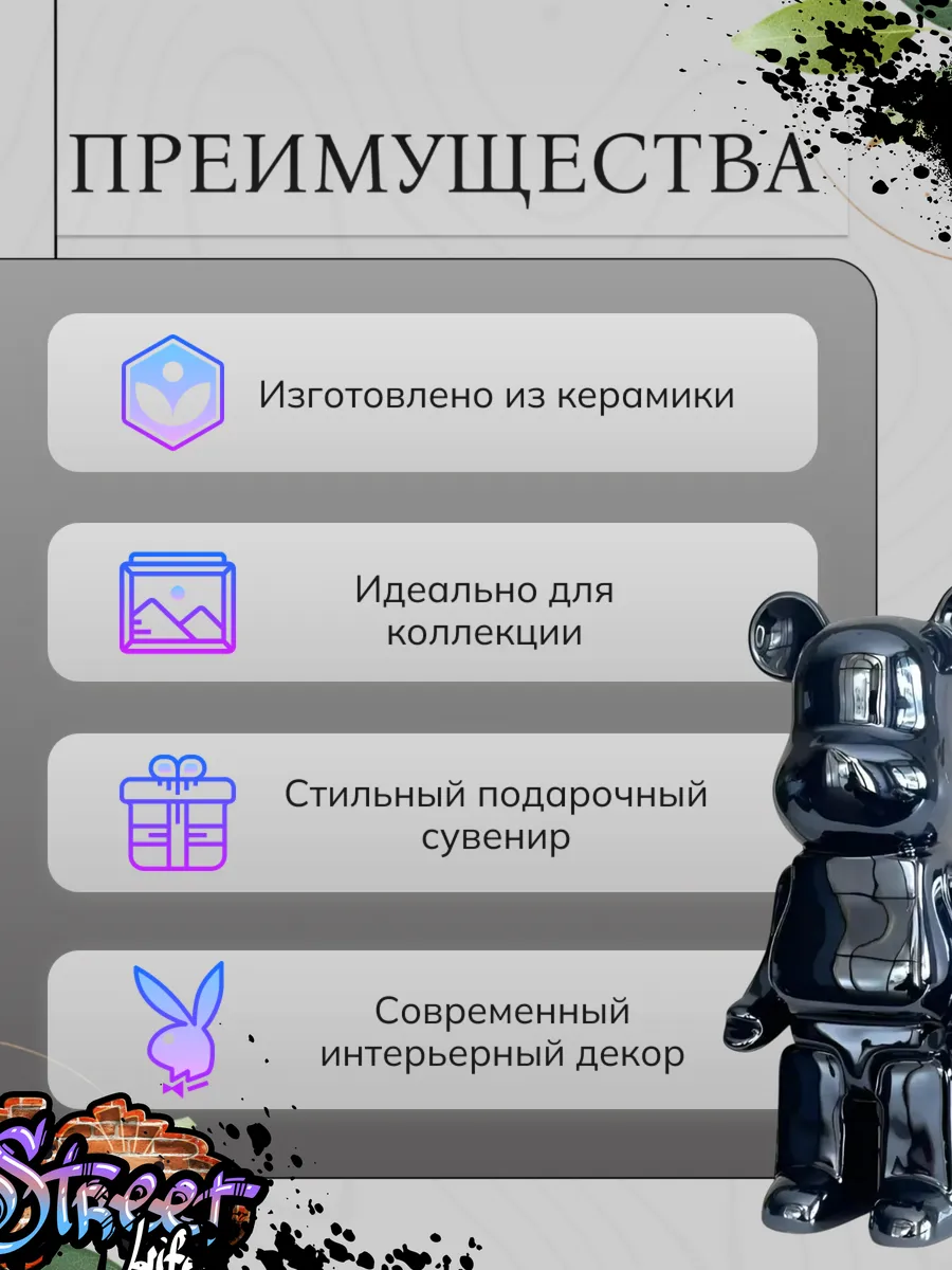 Керамическая статуэтка копилка мишка Bearbrick 28 см синий — изображение 3