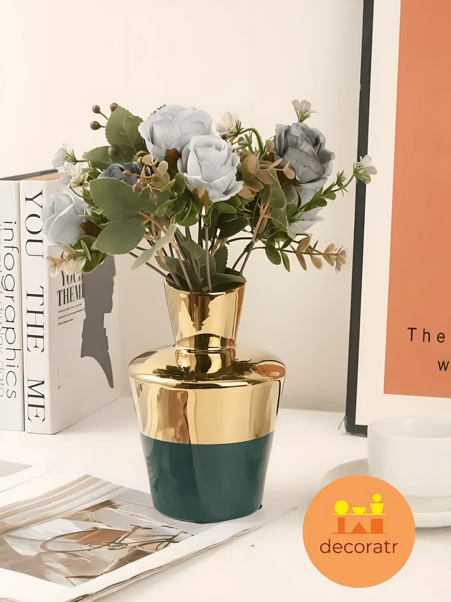 Ваза керамическая для цветов золотая зелёная 20см — изображение 3