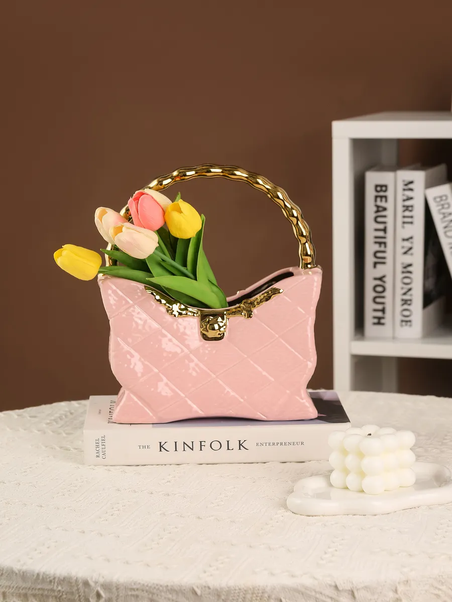 Ваза керамическая для цветов сумочка розовая 28 см — изображение 4