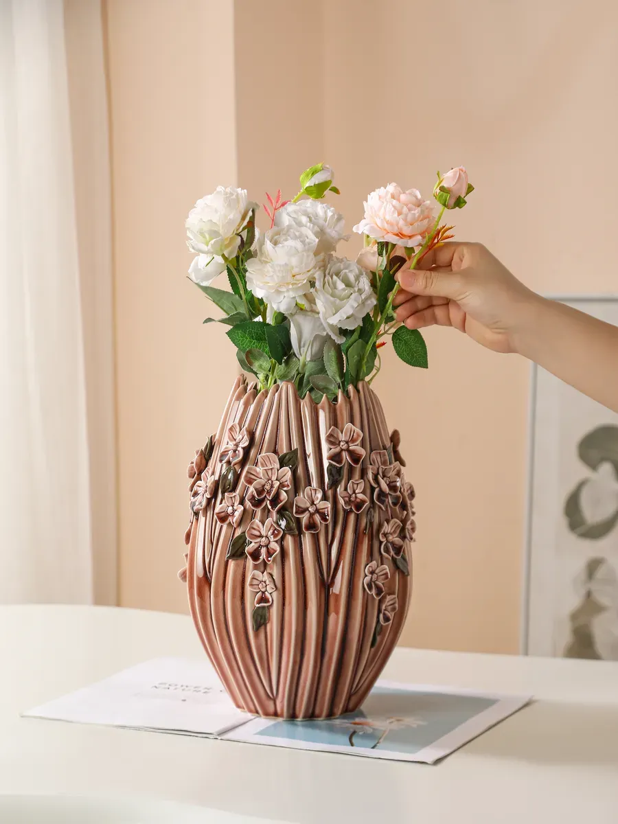 Ваза керамическая для цветов рельефная коричневая 28,5 см — изображение 4