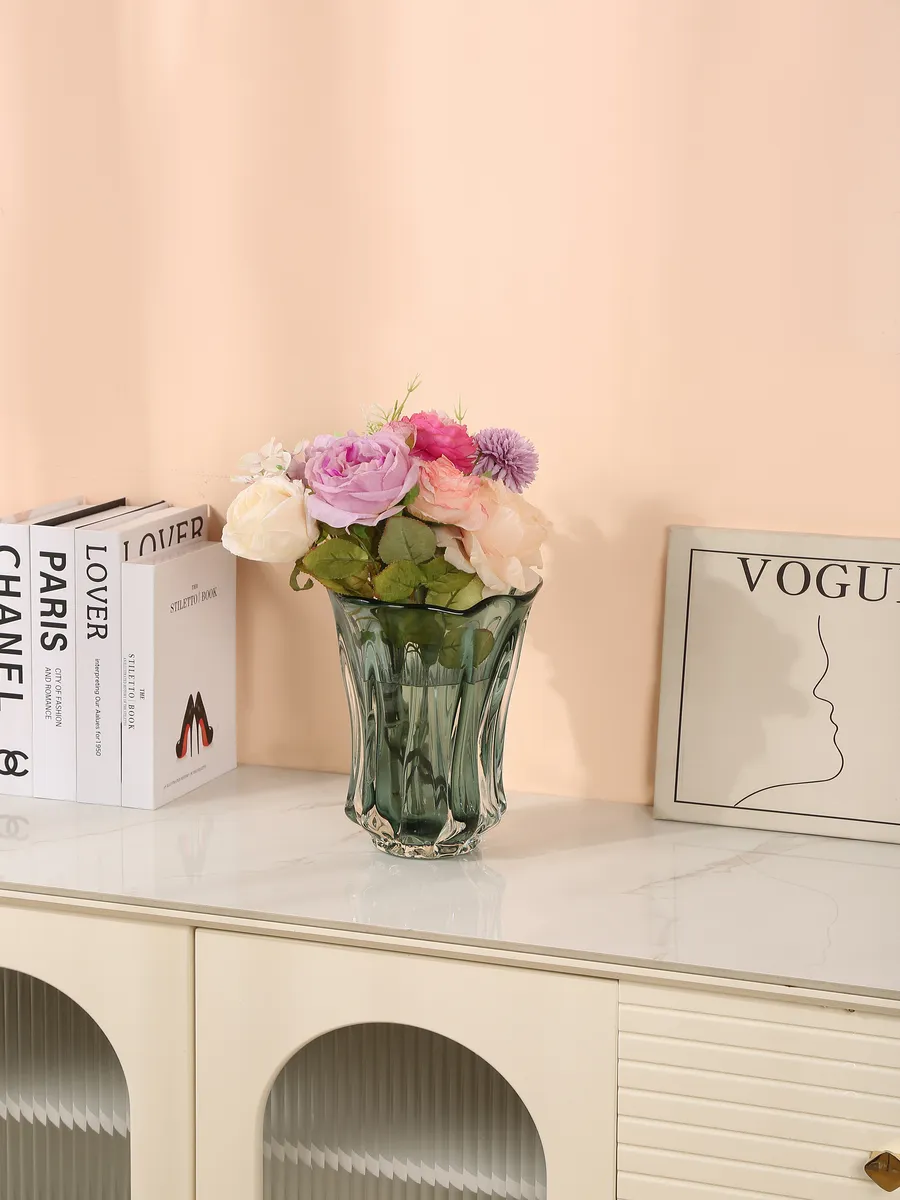 Ваза стеклянная для цветов зеленая интерьерная 25см — изображение 4