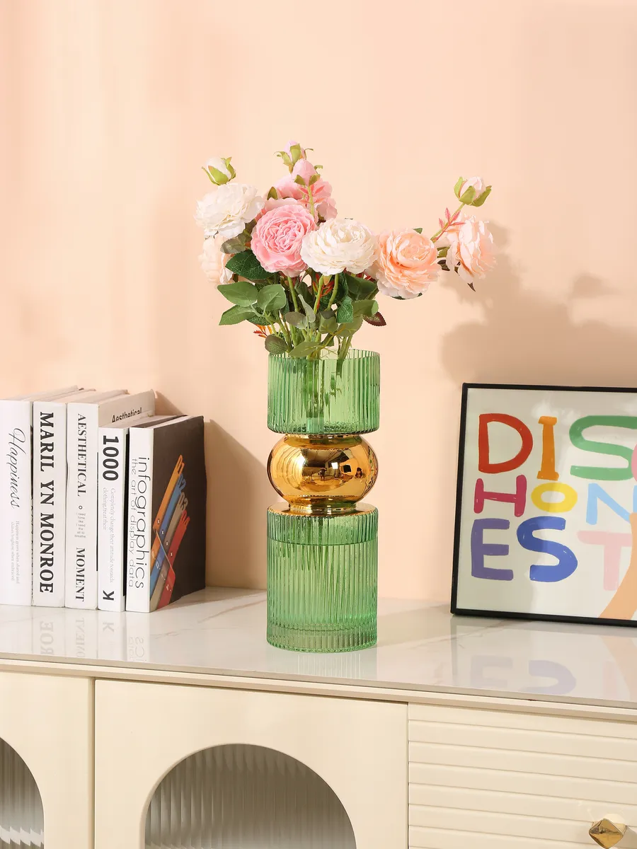 Ваза стеклянная для цветов зеленая золотая 35 см — изображение 4