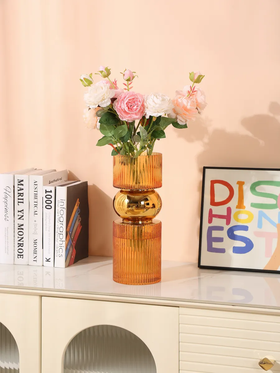 Ваза стеклянная интерьерная для цветов янтарная 35см — изображение 4