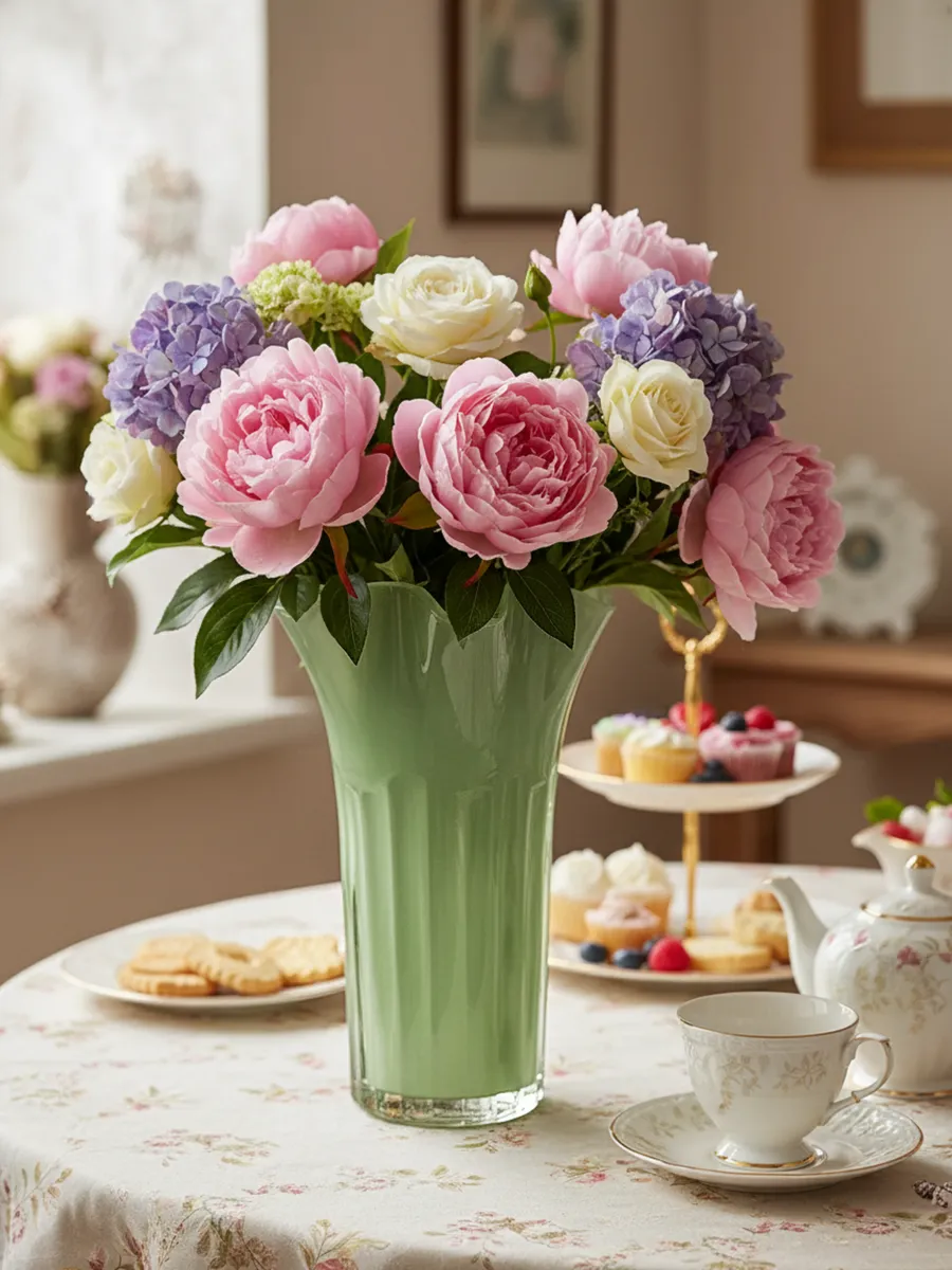 Ваза стеклянная для цветов зеленая интерьерная 25 см — изображение 4