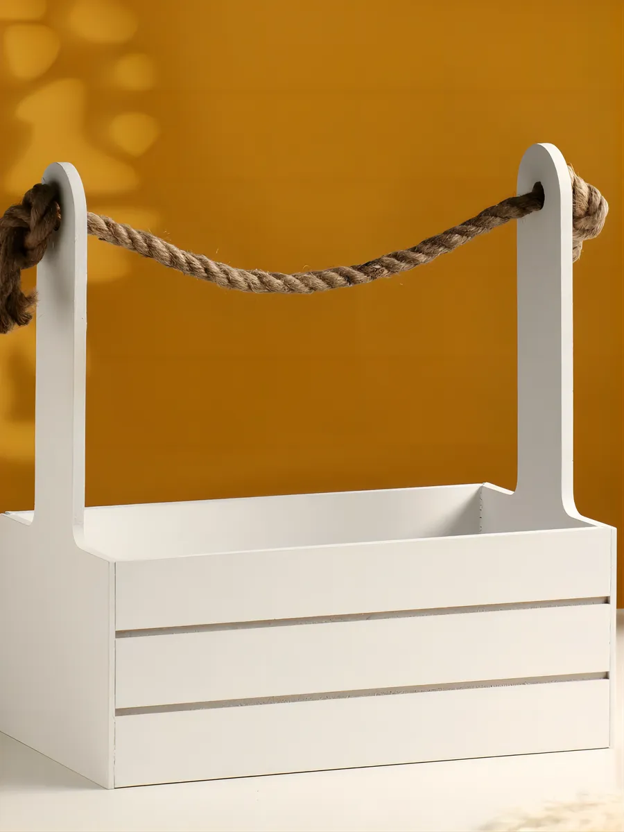 Кашпо деревянное для цветов белое с ручками, набор 3 шт — изображение 4