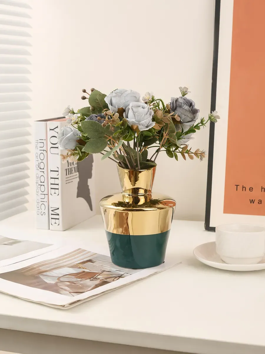 Ваза керамическая для цветов золотая зелёная 20см — изображение 4