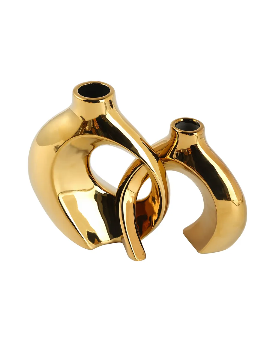 Ваза керамическая двойная для цветов золотистая 25см — изображение 4