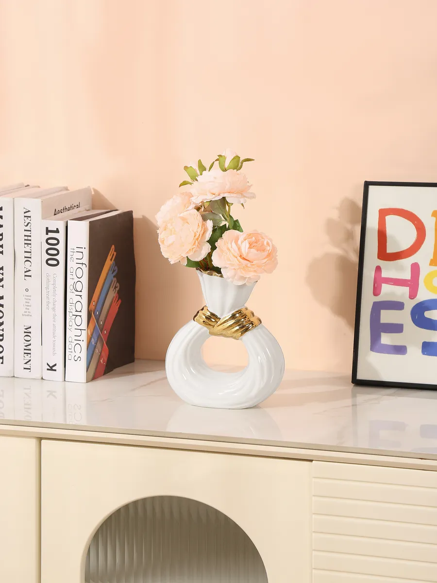 Ваза керамическая для цветов белая золотая 21см — изображение 4